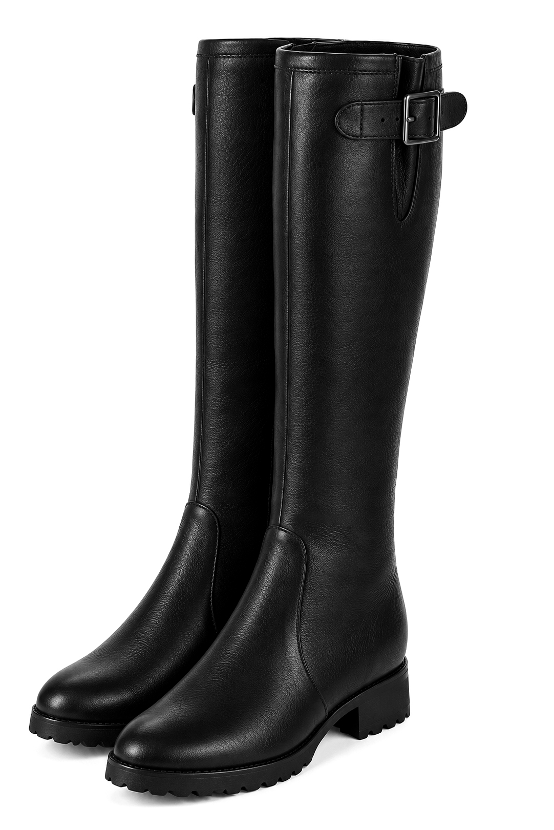 Dress custom-made knee-high boots with buckles in satin black leather with thick rubber soles and round toe - Front view